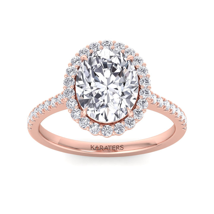 Oval Lab Diamond Ring Scalloped Halo & Pave Band Rose