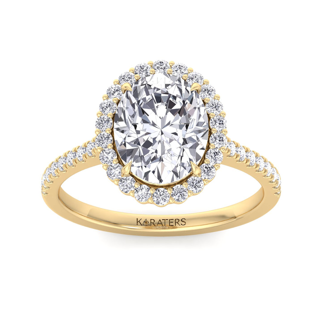 Oval Lab Diamond Ring Scalloped Halo & Pave Band Yellow