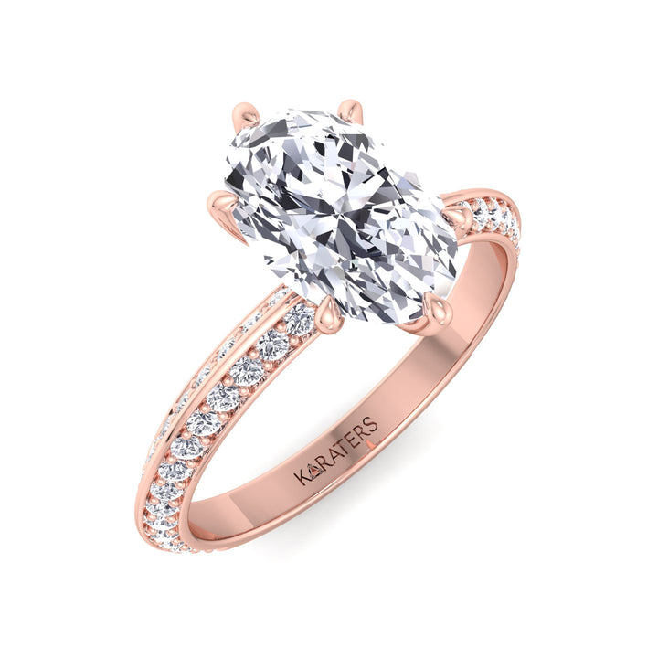 Oval Lab Diamond Ring with Double Sided Pave Band Rose Gold