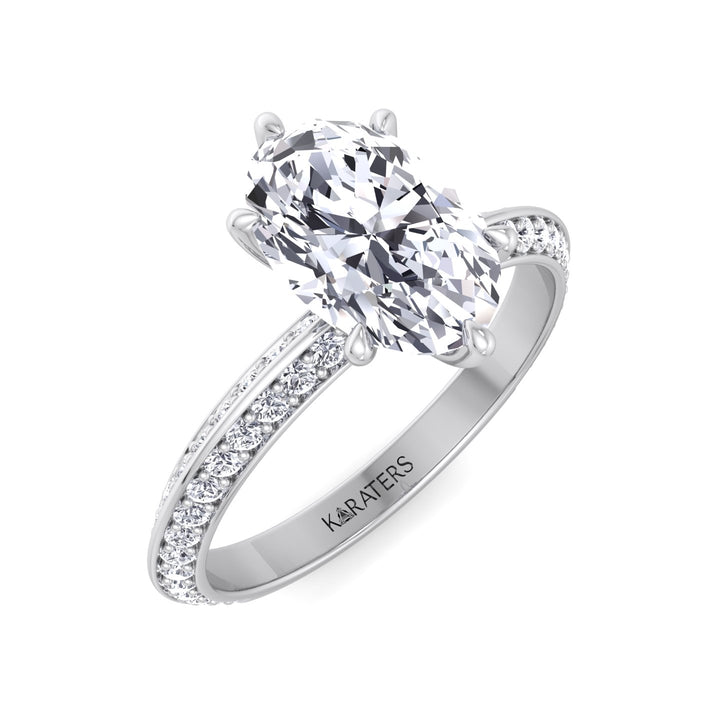 Oval Lab Diamond Ring with Double Sided Pave Band White Gold