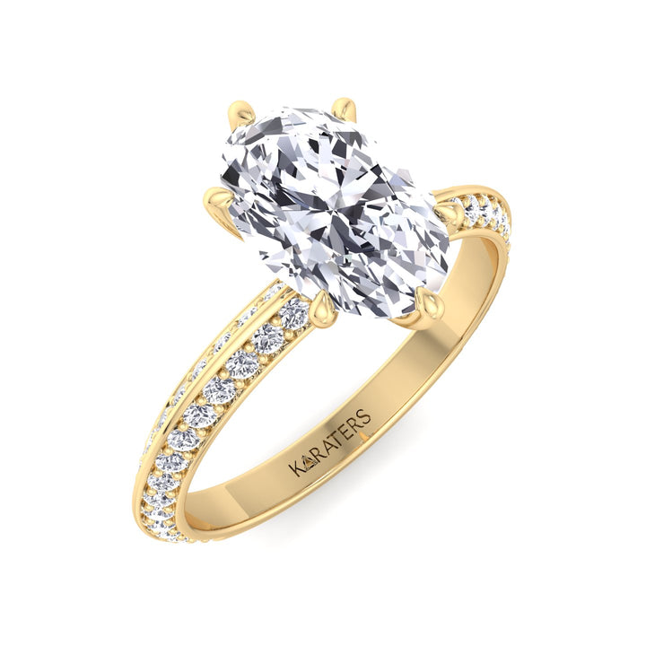 Oval Lab Diamond Ring with Double Sided Pave Band Yellow Gold