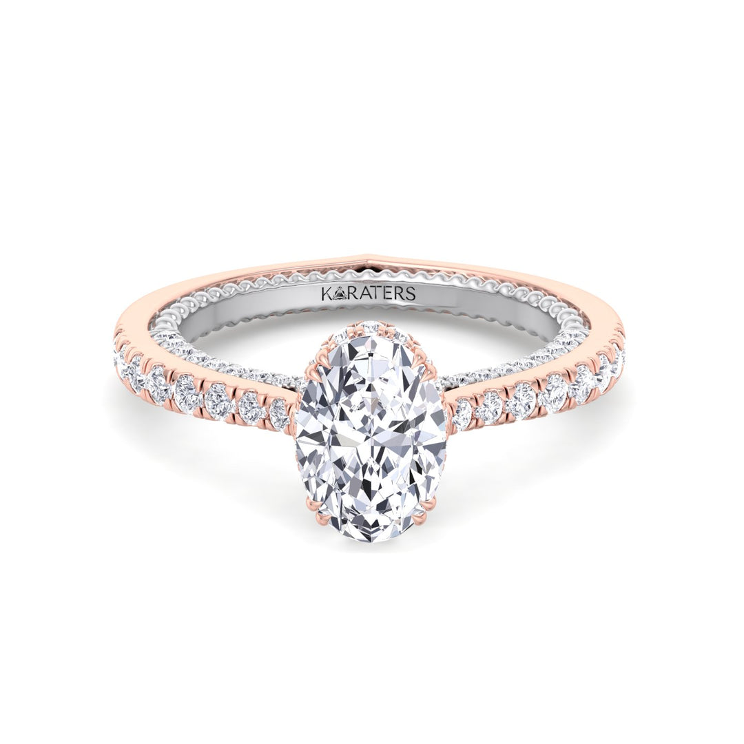 Oval Lab Diamond Ring with Milgrain & Pave Band Rose