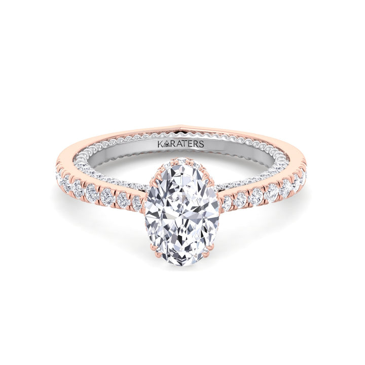 Oval Lab Diamond Ring with Milgrain & Pave Band Rose