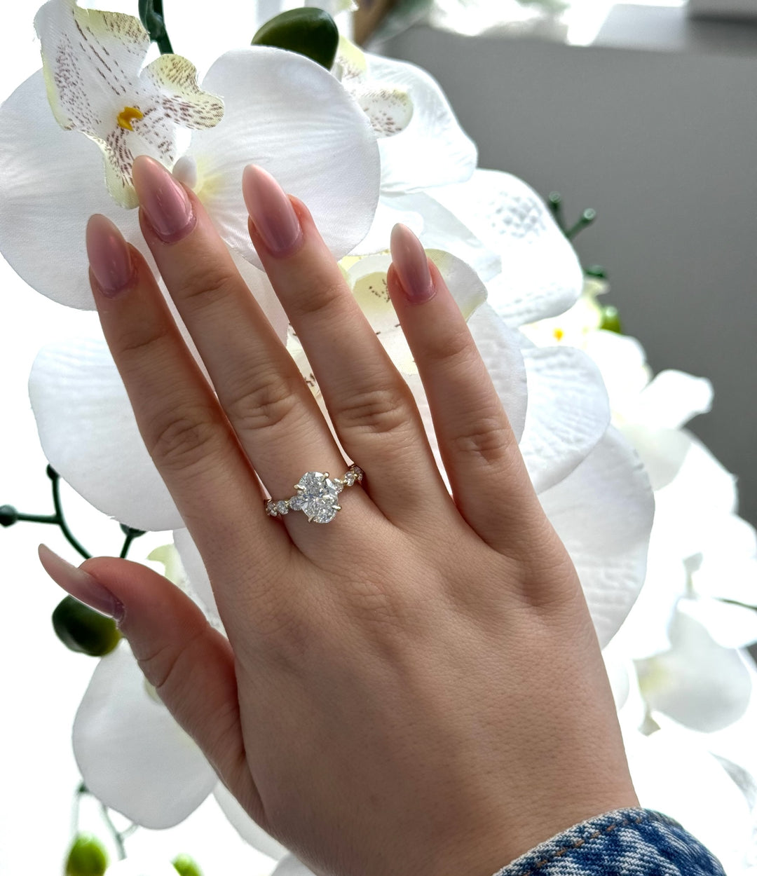 Oval Lab Diamond Ring with Multi-Diamond Band White Gold