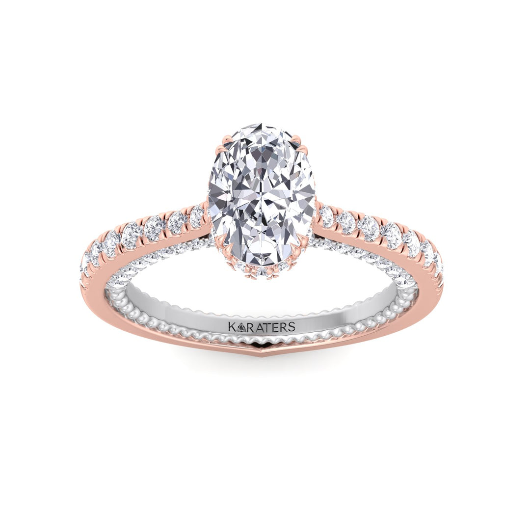 Oval Lab Diamond ring with Milgrain & Pave Band Rose Gold