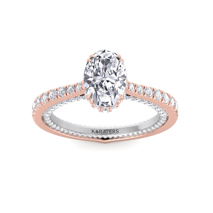 Oval Lab Diamond ring with Milgrain & Pave Band Rose Gold