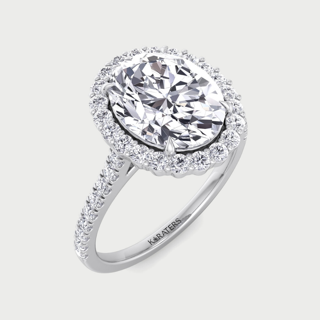 Oval Lab Grown Diamond Engagement Ring With Scalloped Halo & Pave Band