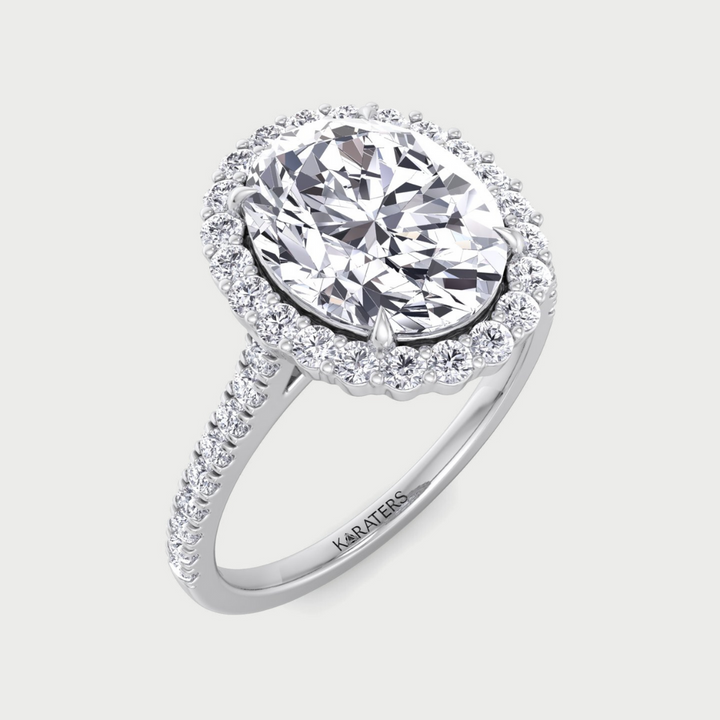 Oval Lab Grown Diamond Engagement Ring With Scalloped Halo & Pave Band