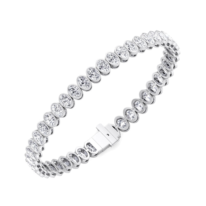 Oval Shape Bezel Set Lab Diamond Tennis Bracelet 18K White Gold