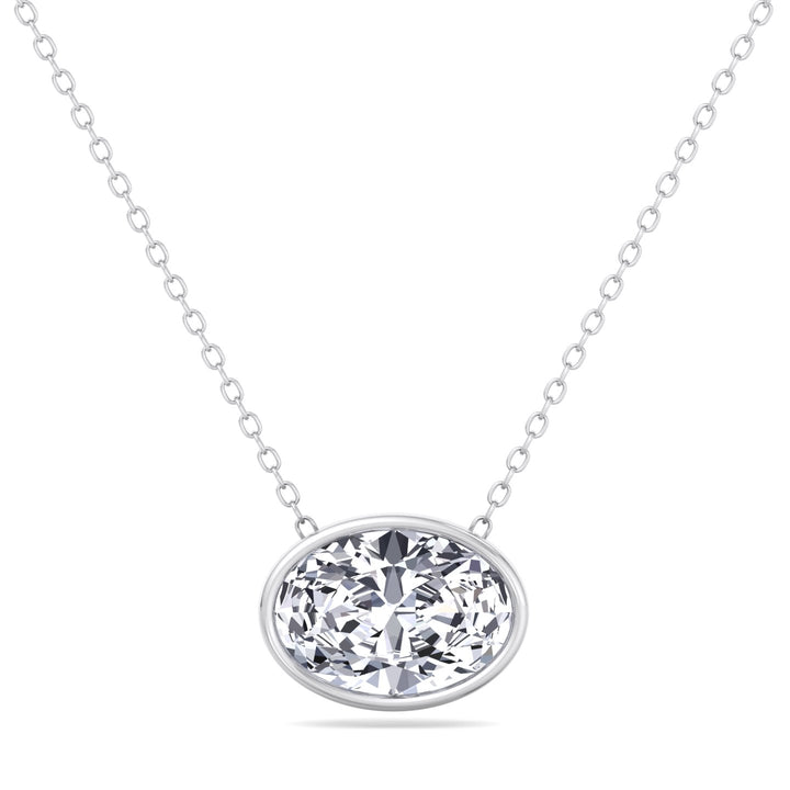Oval Shape Bezel Set Lab Grown Diamond Pendant - White Gold- 14K