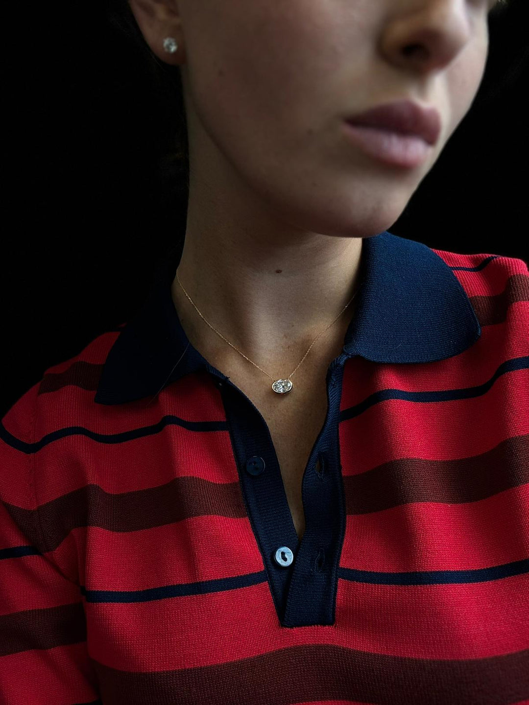 Oval Shape Bezel Set Lab Grown Diamond Rose Pendant, On neck