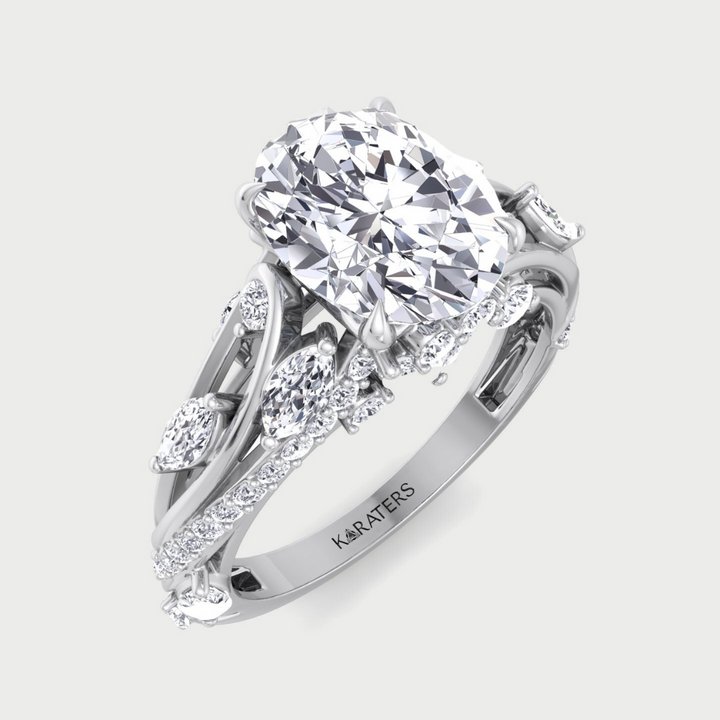 Oval Shape Lab Grown Diamond Engagement Ring with Multiple Sidestones