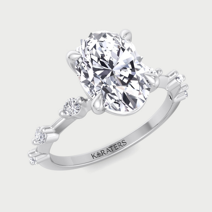 Oval Solitaire Lab Grown Diamond Engagement Ring With Thin Sidestone Band
