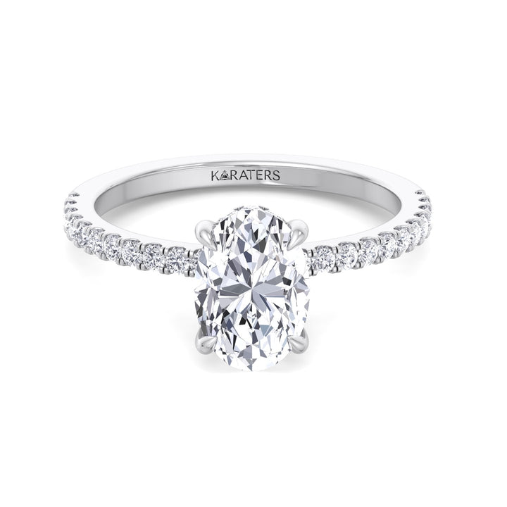 Oval cut Lab Diamond Ring Hidden Halo & Side Stones White Gold