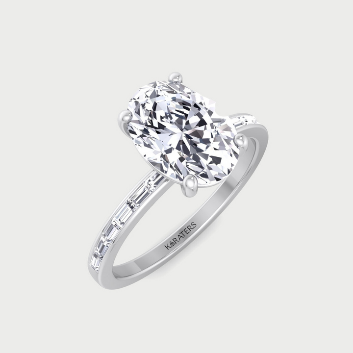 Oval Cut Lab Grown Diamond Engagement Ring with Baguette Channel Band-1CT-2CT-3CT-4CT-5CT-6CT-7CT-8CT-9CT-10CT-Platinum