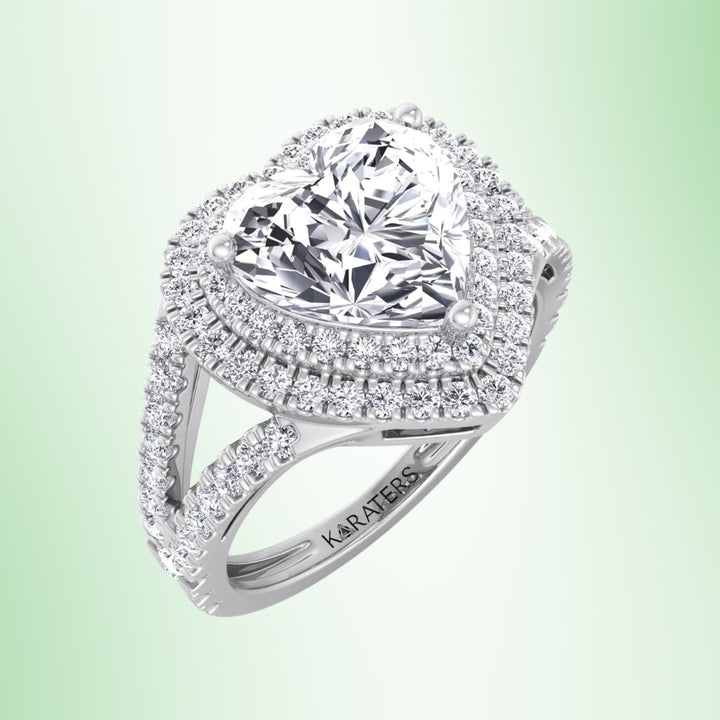Pansy - Heart Lab Diamond Engagement Ring Double Halo & Band