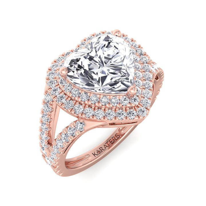Pansy - Heart Shape Lab Diamond Ring Double Halo Rose Band
