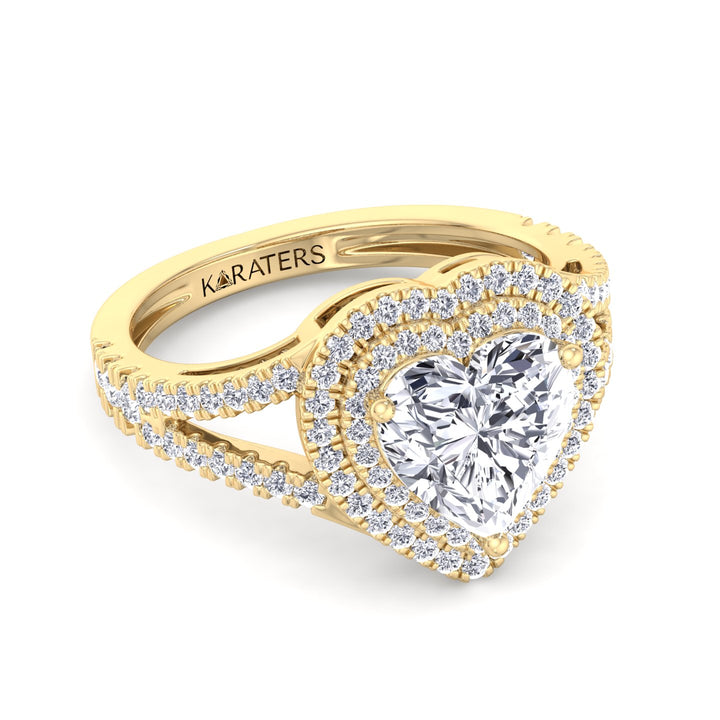 Pansy - Heart Shape Lab Diamond Ring Double Halo Yellow Gold