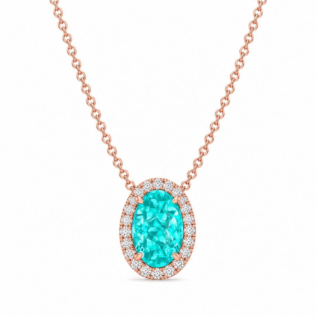 Oval Shape Halo Paraiba Tourmaline Lab Grown Diamond Pendant Rose