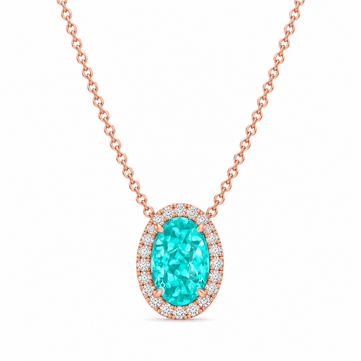 Oval Shape Halo Paraiba Tourmaline Lab Grown Diamond Pendant Rose