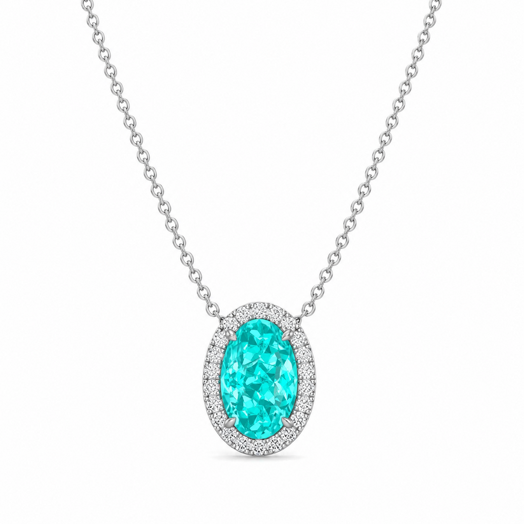 Oval Shape Halo Paraiba Tourmaline Lab Grown Diamond Pendant white