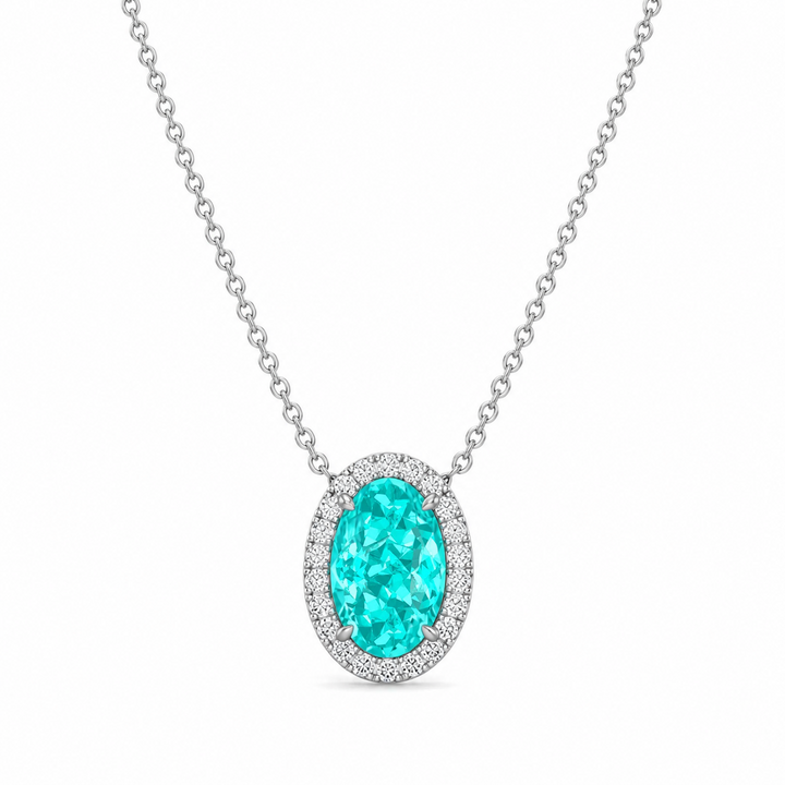 Oval Shape Halo Paraiba Tourmaline Lab Grown Diamond Pendant white