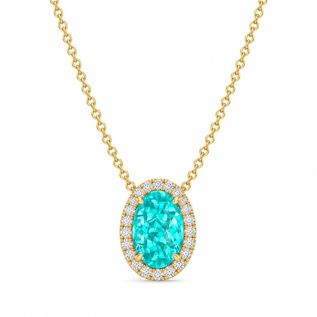 Oval Shape Halo Paraiba Tourmaline Lab Grown Diamond Pendant Yellow 