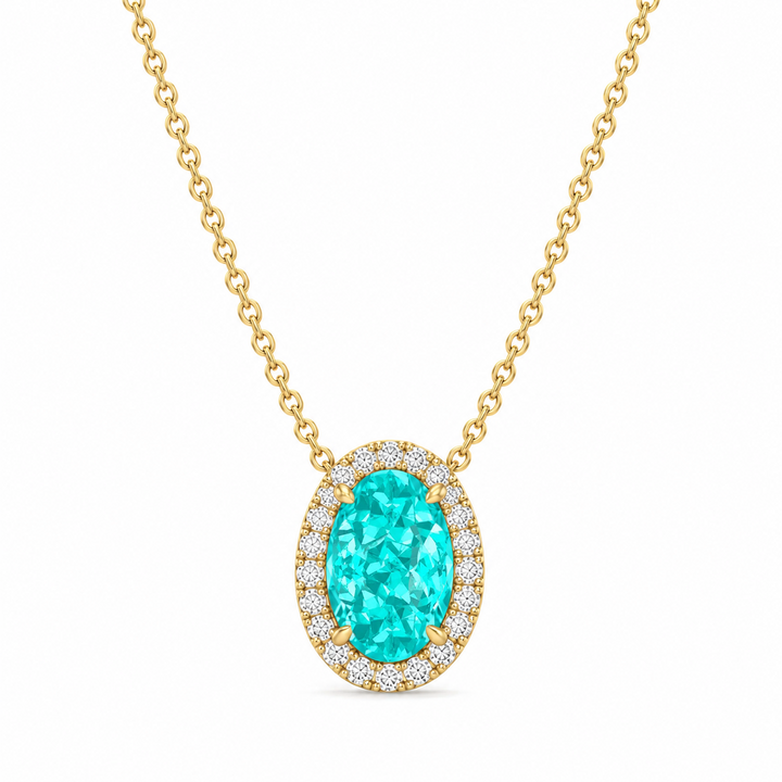 Oval Shape Halo Paraiba Tourmaline Lab Grown Diamond Pendant Yellow 