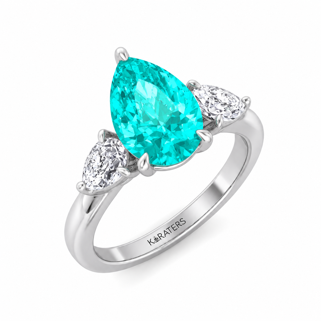 Pear Shape Paraiba Tourmaline Lab Grown Diamond Engagement Ring with Pear Sidestones white