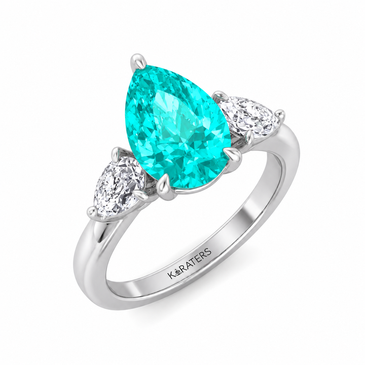 Pear Shape Paraiba Tourmaline Lab Grown Diamond Engagement Ring with Pear Sidestones white