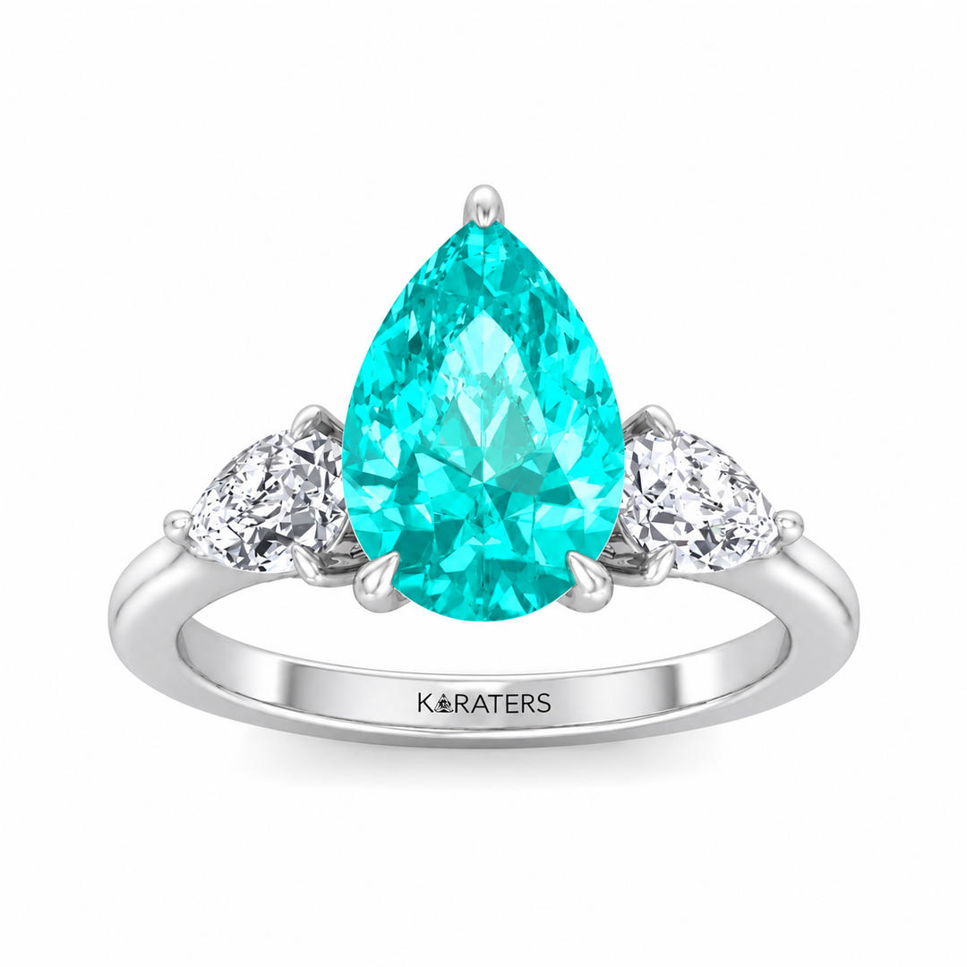 Pear Shape Paraiba Tourmaline Lab Grown Diamond Engagement Ring with Pear Sidestones WG2