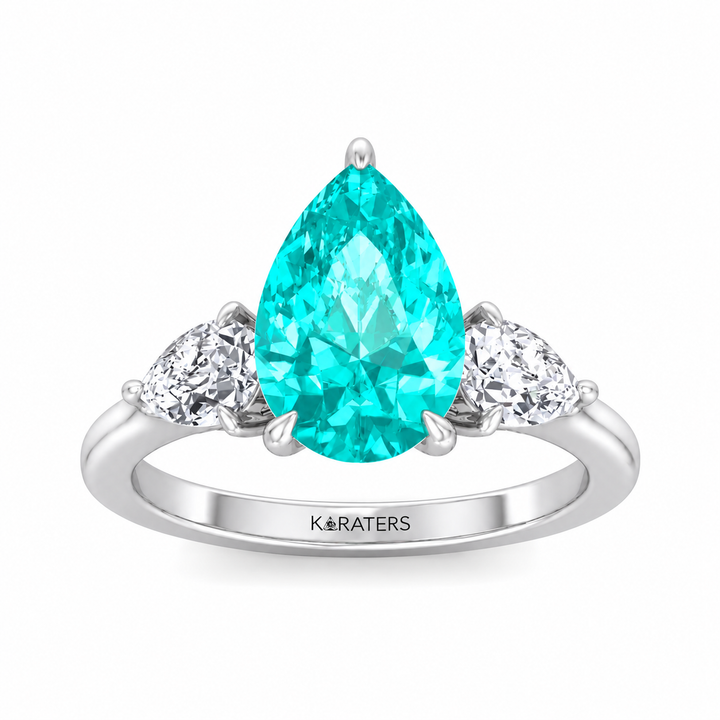 Pear Shape Paraiba Tourmaline Lab Grown Diamond Engagement Ring with Pear Sidestones WG2