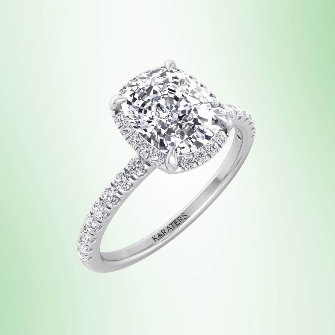 Paxe-Elongated Cushion Shape Lab Grown Diamond Halo Engagement Ring with Round Sidestones