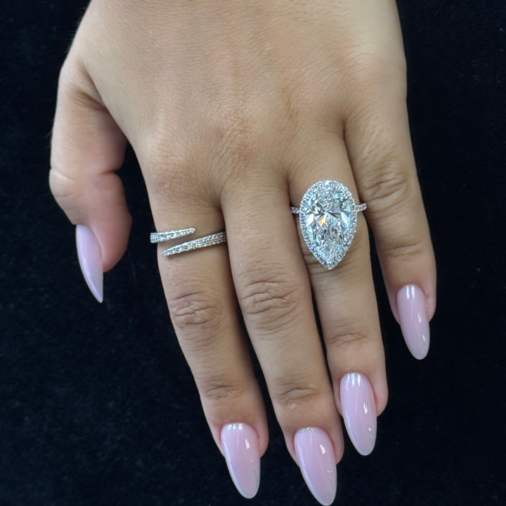 Pear Shaped Lab Grown Diamond Solitaire Engagement Ring with Halo & SideStones