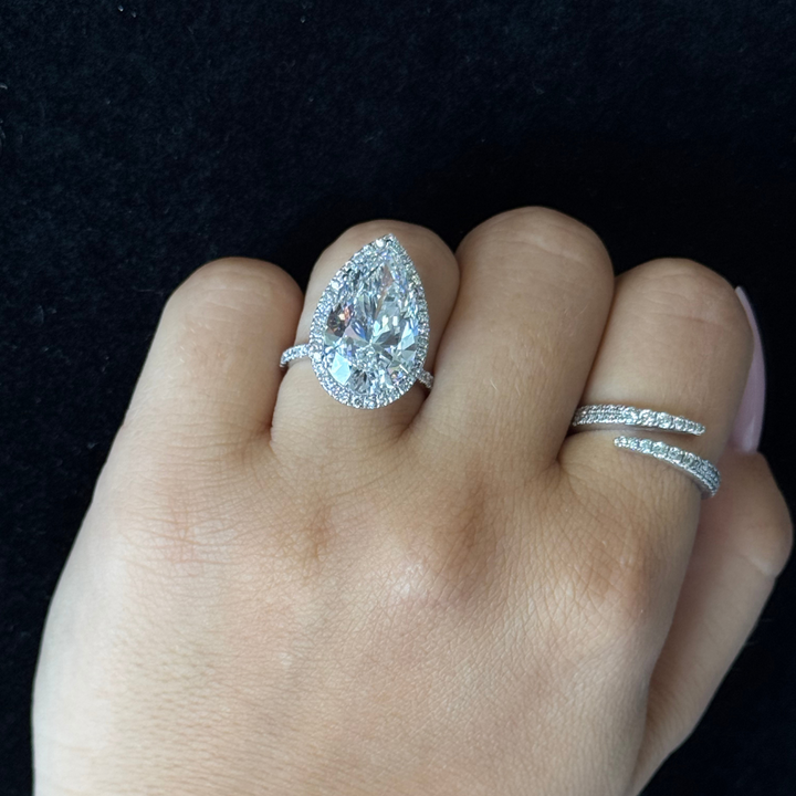 Pear Shaped Lab Grown Diamond Solitaire Engagement Ring with Halo & SideStones