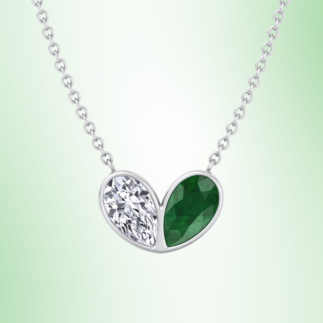 Pear Shape Green Emerald and Lab Grown Diamond Pendant Necklace