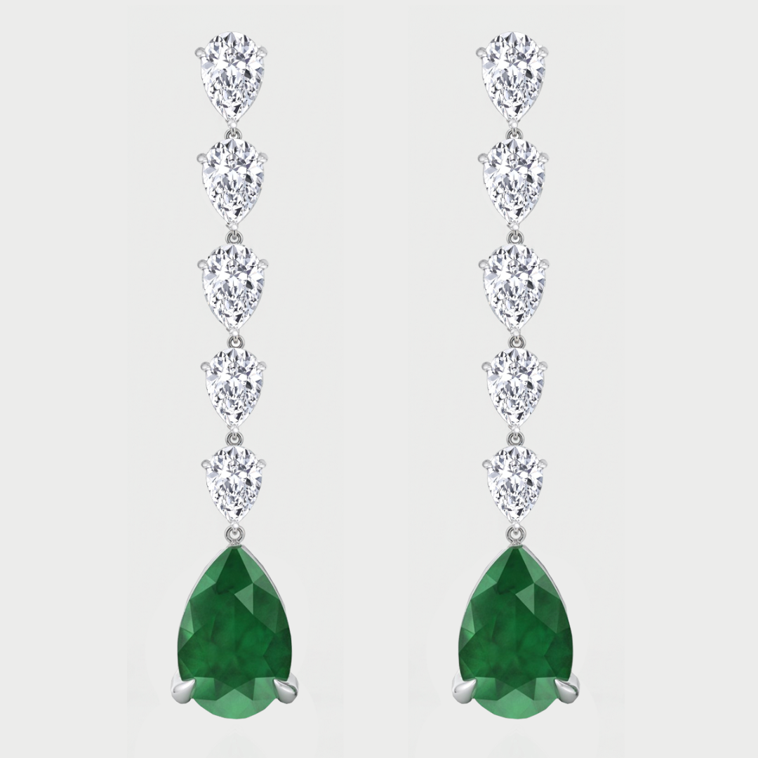 Pear Shape Lab Grow Green Emerald and Diamond Drop Earrings