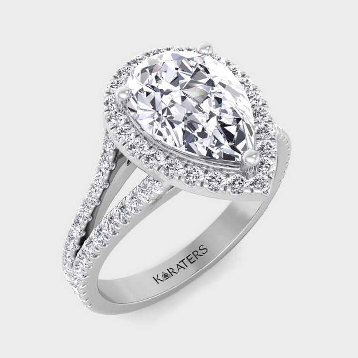 Pear Shaped Lab Grown Diamond Halo Engagement Ring with Pave Double Band