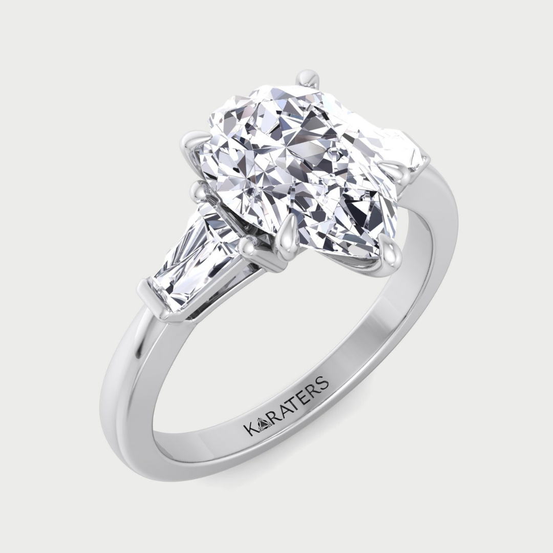 Pear Shaped Cut Lab Grown Diamond Solitaire Engagement Ring with Tapered Baguette SideStones