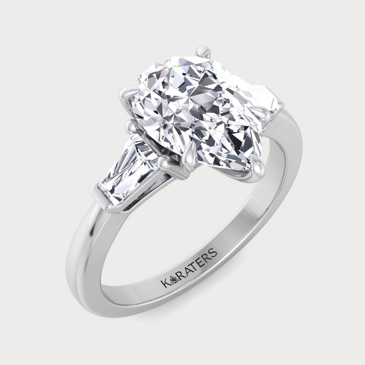 Pear Shaped Cut Lab Grown Diamond Solitaire Engagement Ring with Tapered Baguette SideStones