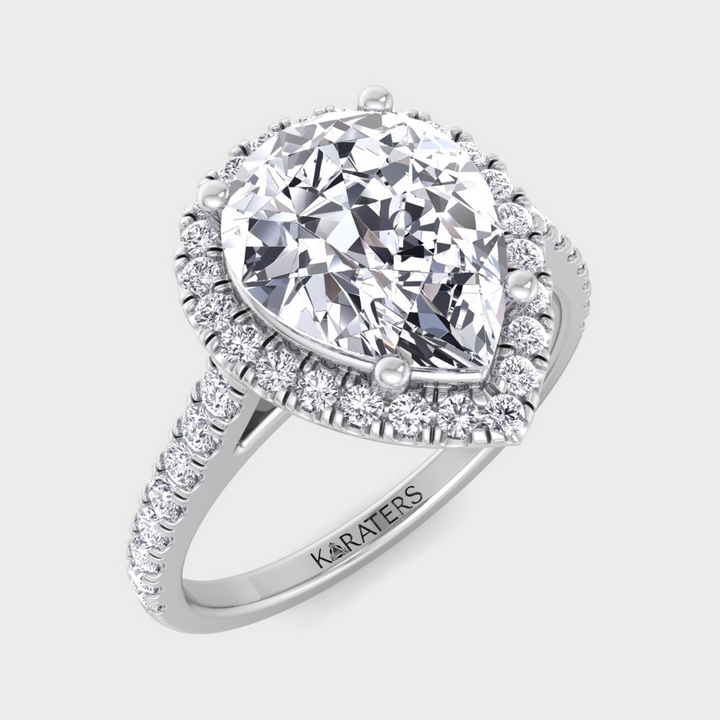 Pear Shaped Lab Grown Diamond Halo Engagement Ring With Pave Band