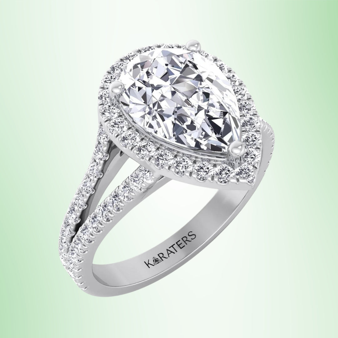Pear Lab Diamond Halo Engagement Ring Pave Double Band