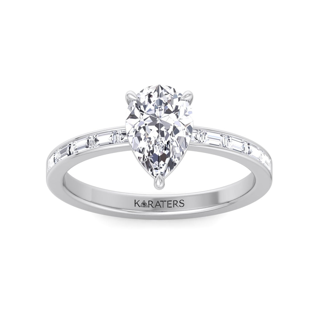 Pear Lab Engagement Ring Channel Baguette Side Stones White