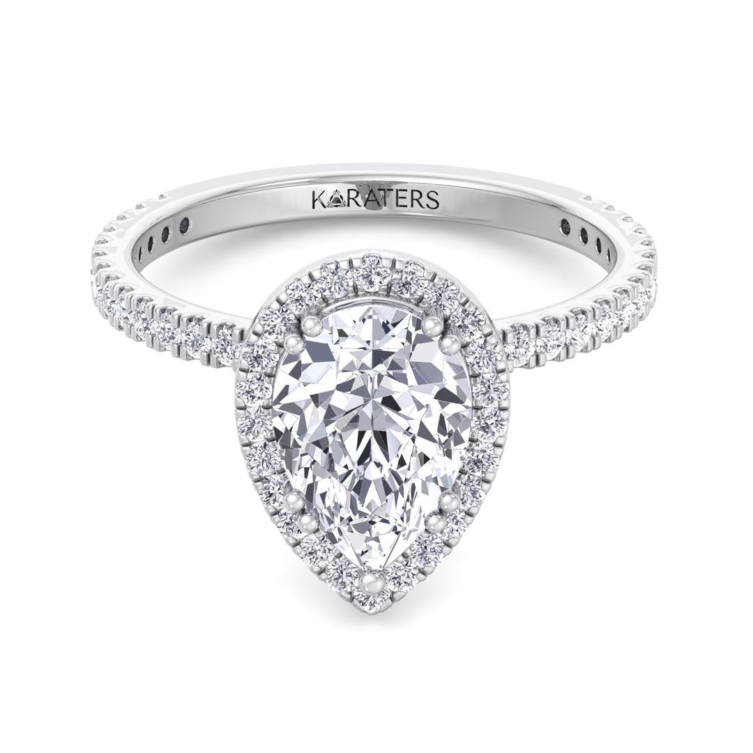 Pear Shaped Cut Lab Diamond Engagement Ring, Halo & SideStones, Front