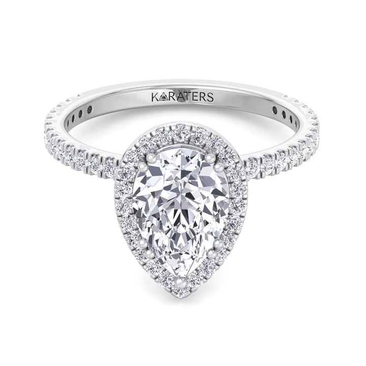Pear Shaped Cut Lab Diamond Engagement Ring, Halo & SideStones, Front