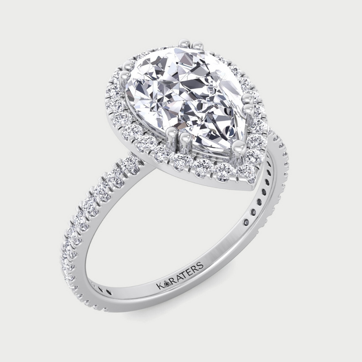 Pear Shaped Lab Grown Diamond Solitaire Engagement Ring with Halo & SideStones