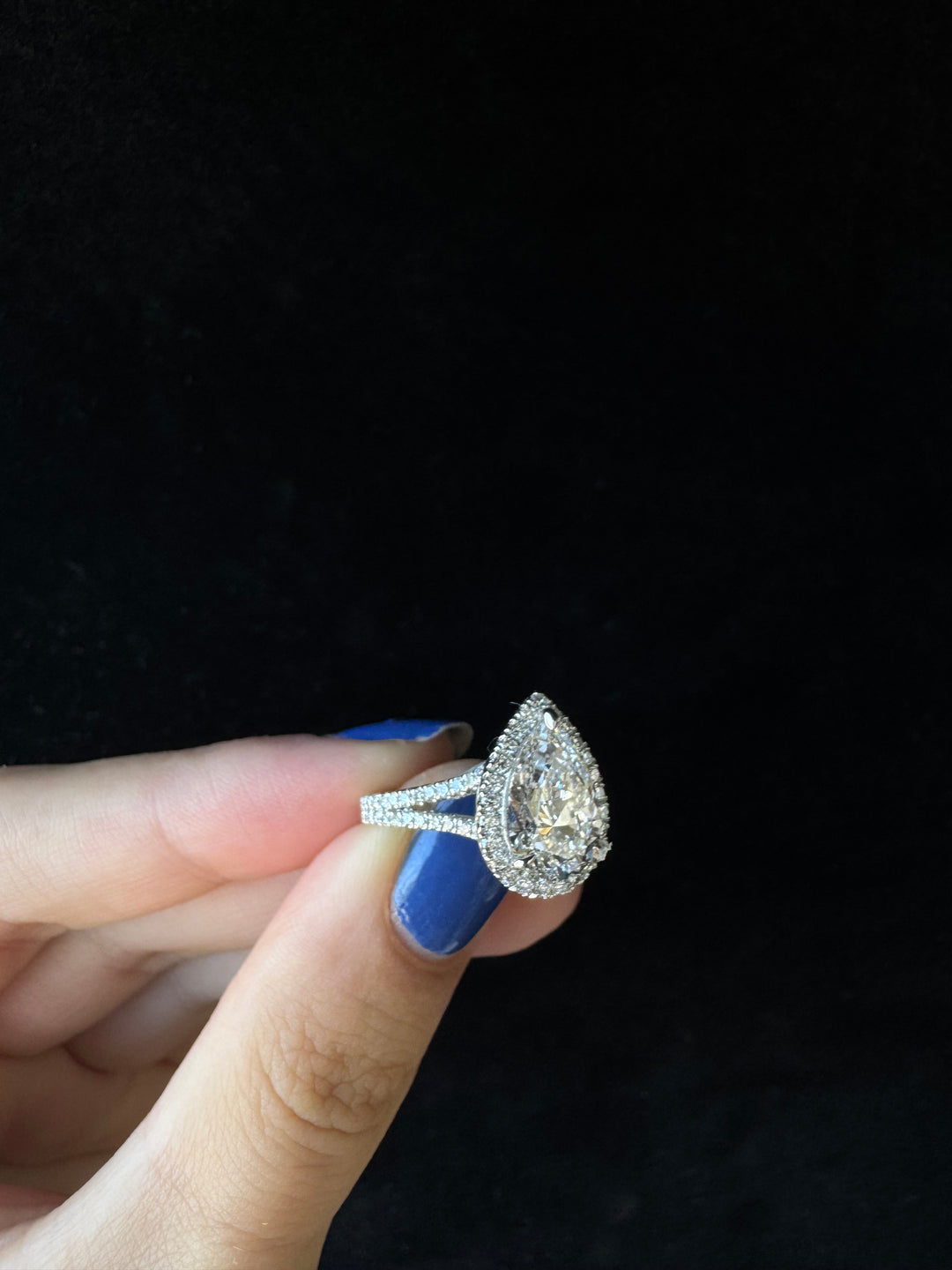 Pear Shaped Lab Grown Diamond Halo Engagement Ring with Pave Double Band