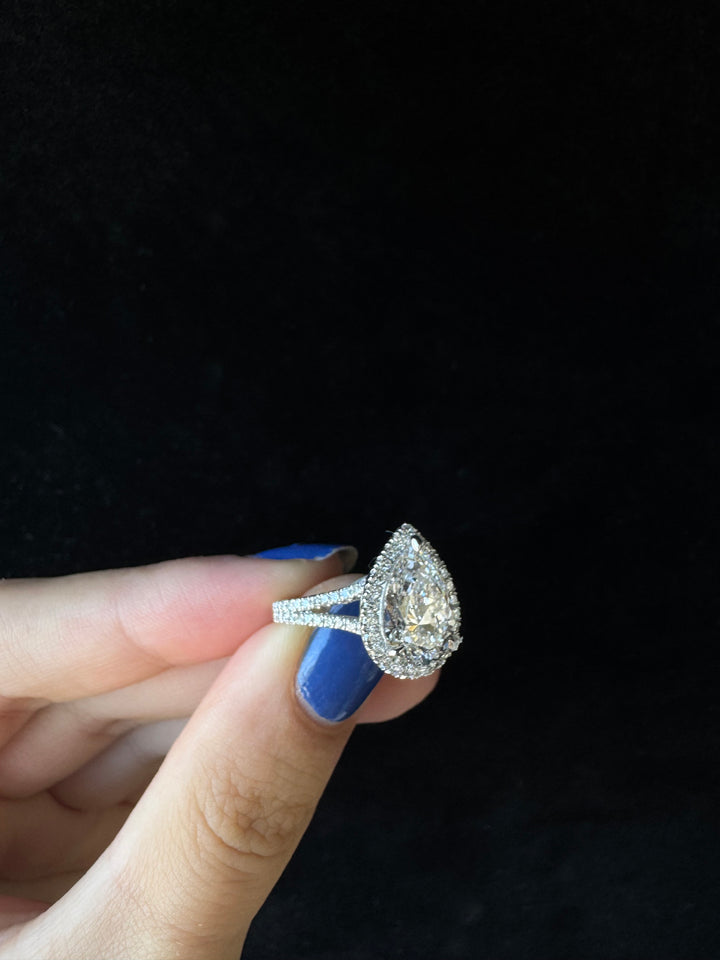 Pear Shaped Lab Grown Diamond Halo Engagement Ring with Pave Double Band