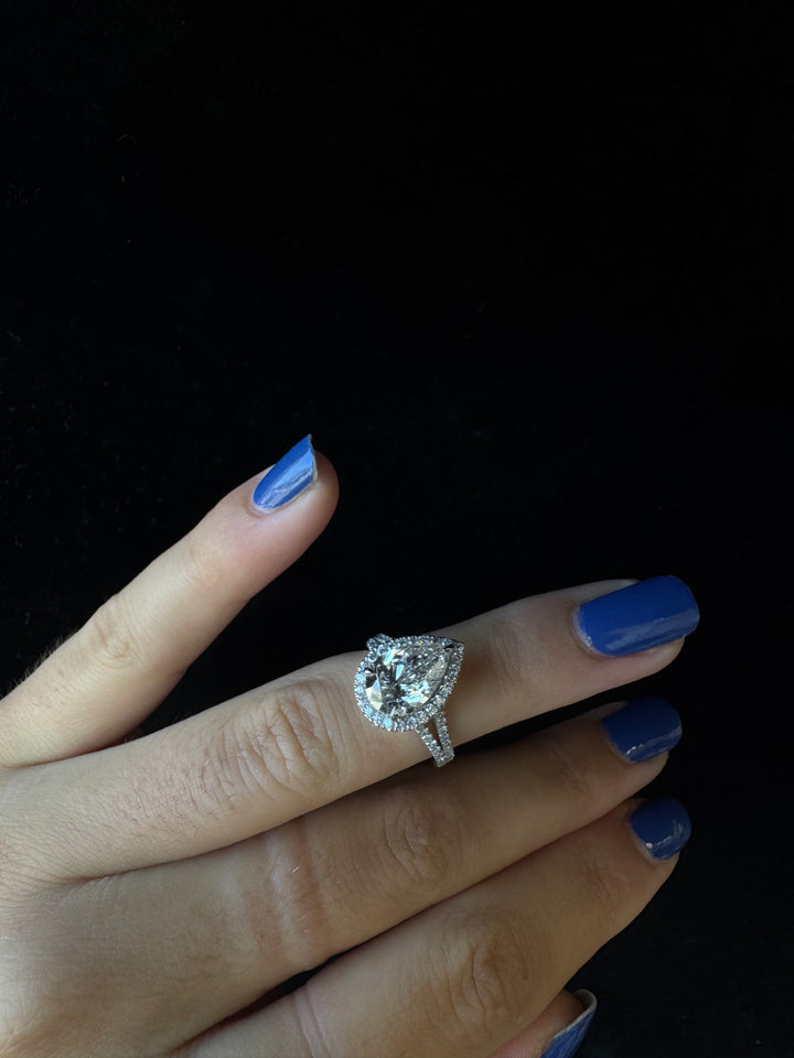 Pear Shaped Lab Grown Diamond Halo Engagement Ring with Pave Double Band