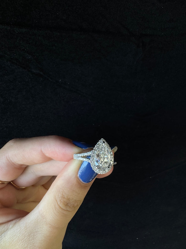 Pear Shaped Lab Grown Diamond Halo Engagement Ring with Pave Double Band